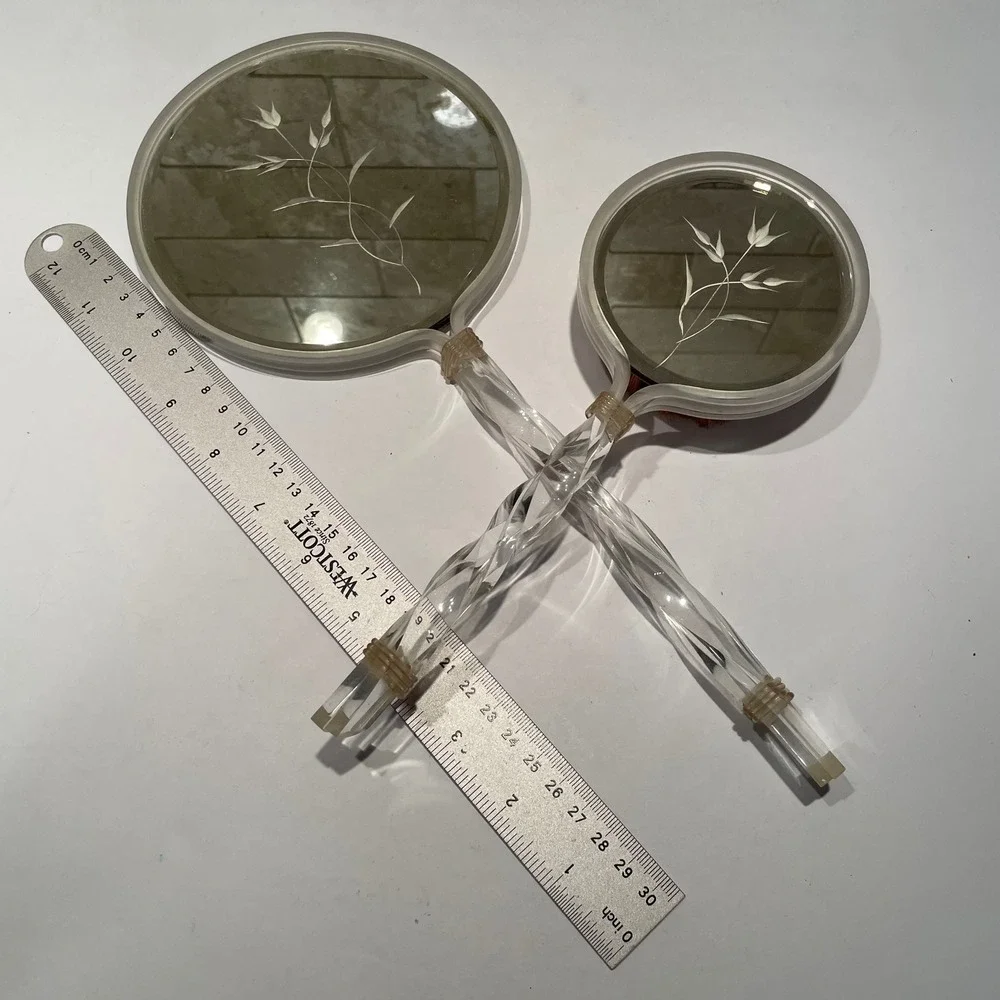 Vintage Lucite Hand Mirror and Brush Set Etched Floral Twisted Handle Clear 2pc